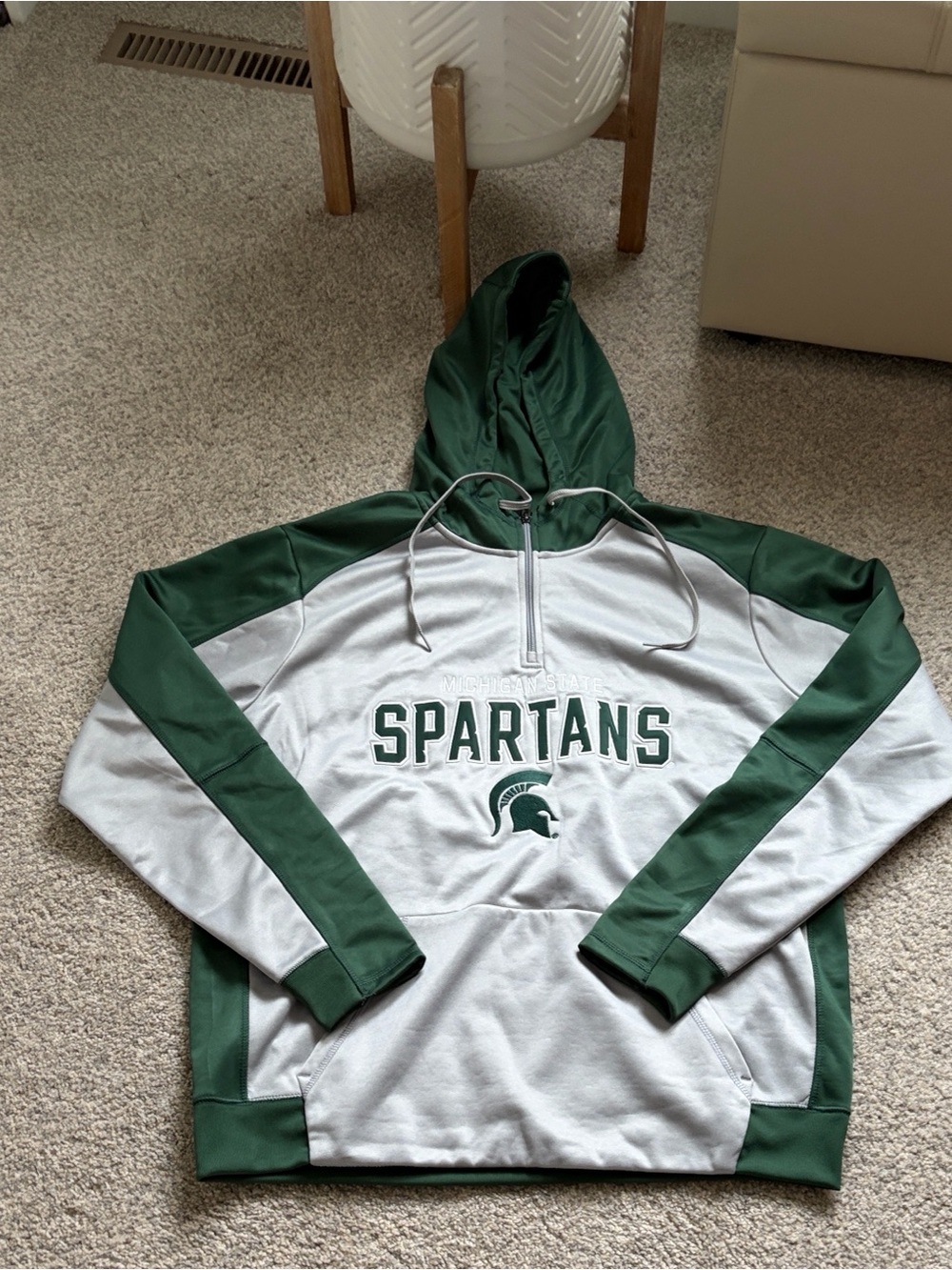 Michigan State Spartans Green and Light Grey Quarter-Zip Hoodie Mens Large
